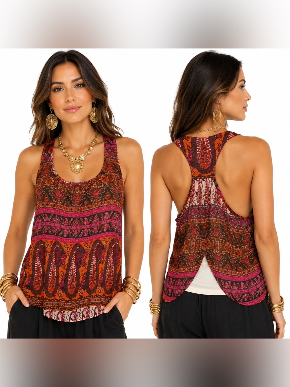 Ambiance Apparel Paisley Overlay Racer Back Tank Top Womens SZ M Meadow Boho